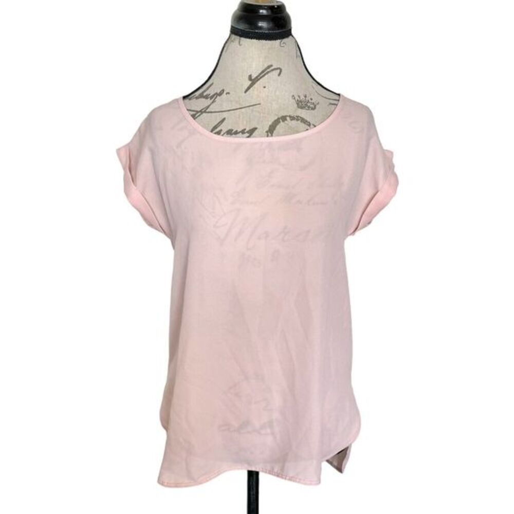Pink Rose Womens Blouse Size Small Short Sleeve Pink Back Button Slit Office
